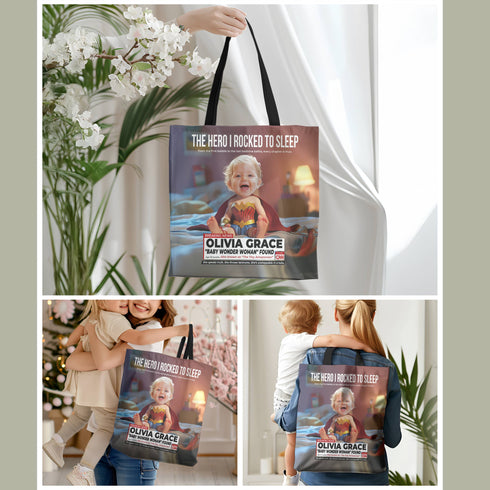 Personalized Superhero Baby Tote Bag – Wonder Woman Design with Custom Photo & Name